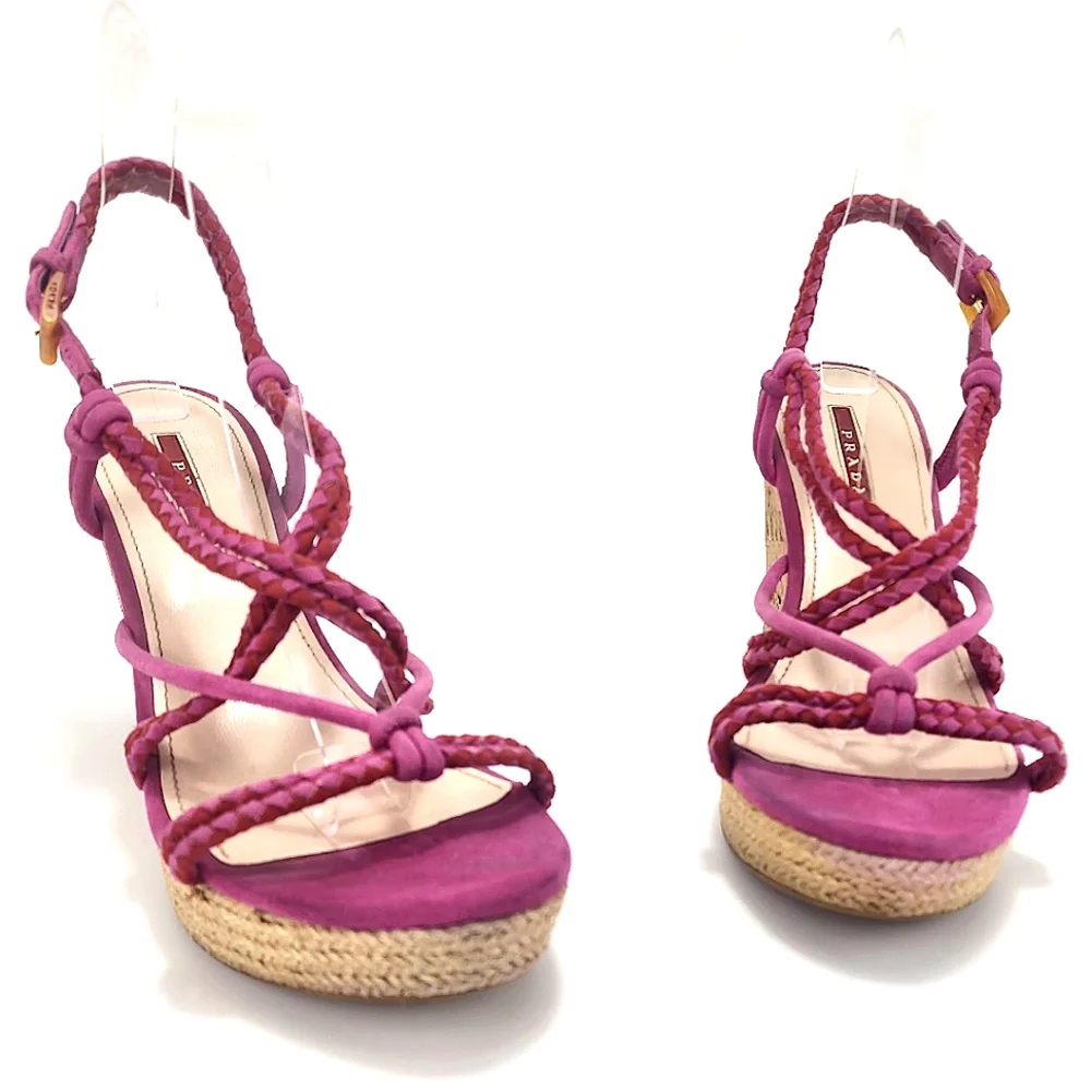 PRADA - Wedge sandals, pink, ankle strap, 4.25" heel, size 8 - Picture 5 of 16